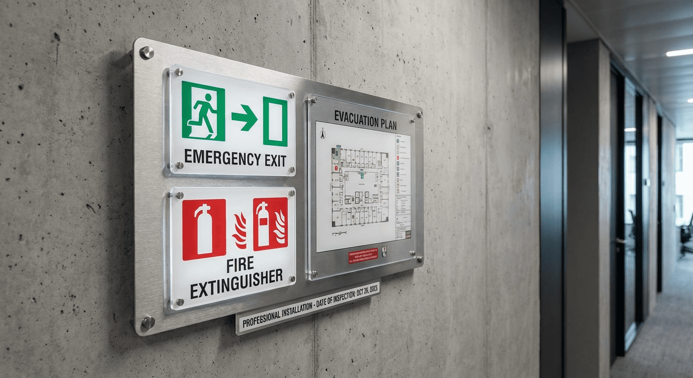 Panneau de signalétique incendie avec pictogrammes d'évacuation