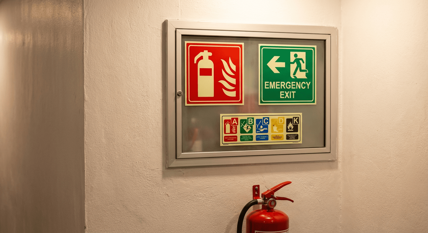 Signalétique incendie réglementaire dans un restaurant