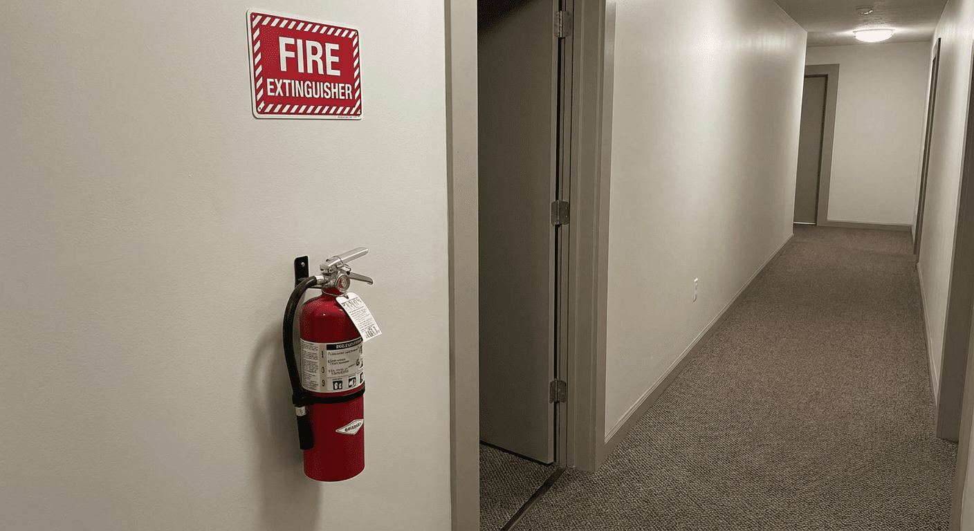 Signalisation et extincteur dans un couloir de copropriété
