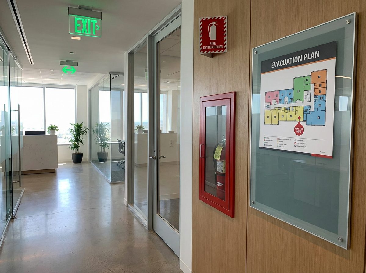 Signalisation de sécurité incendie dans un immeuble de bureaux