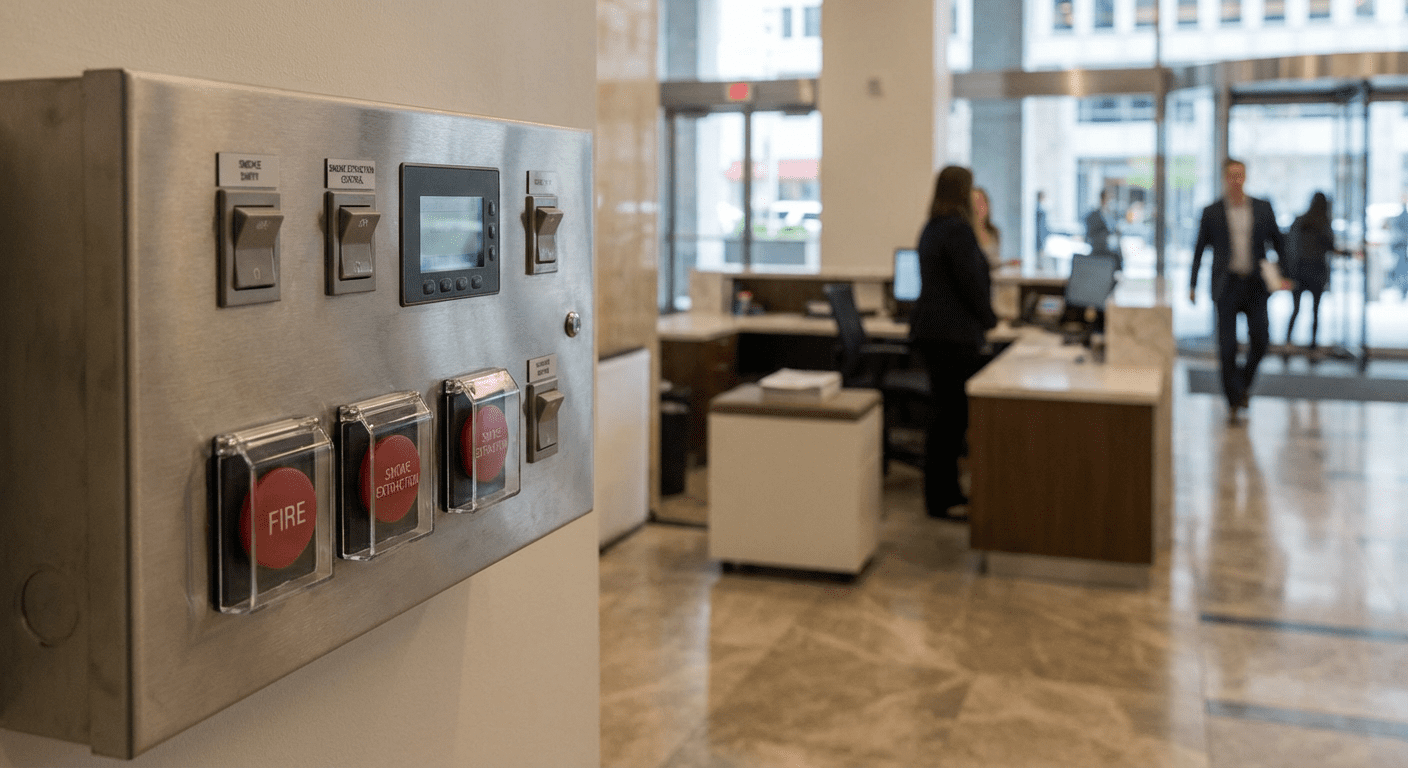 Panneau de commande de désenfumage avec boutons d’urgence dans un ERP