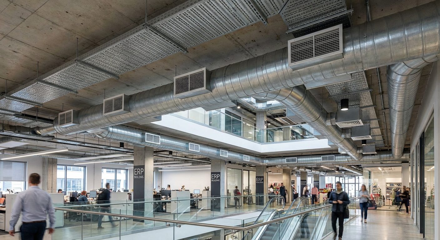 Système de désenfumage installé au plafond d'un bâtiment ERP avec gaines et bouches d'extraction