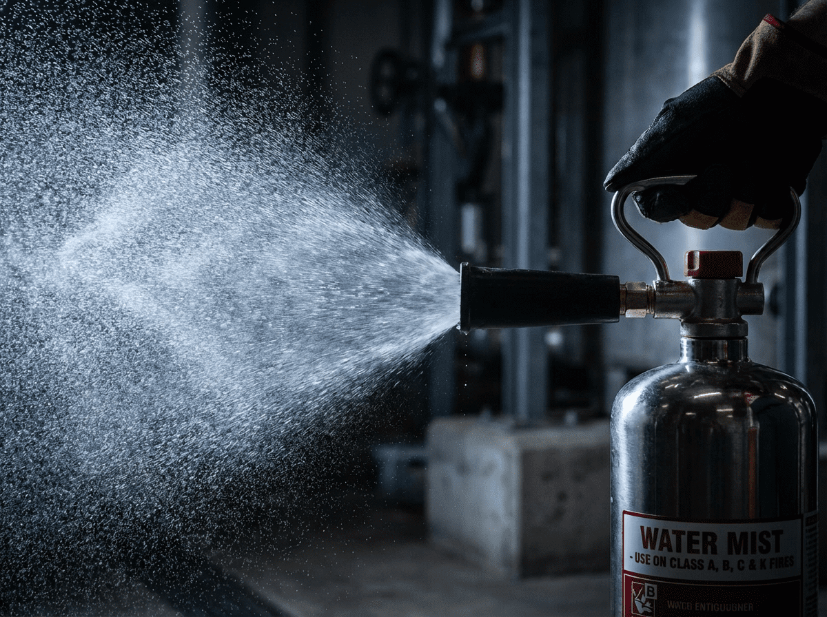 Brouillard eau pulverisee projete par un extincteur avec additif