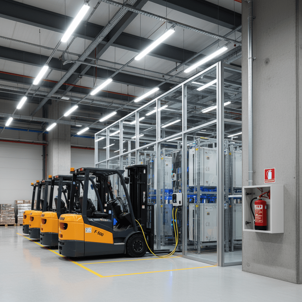 Station de charge batteries lithium avec extincteur F-500 et cloison coupe-feu