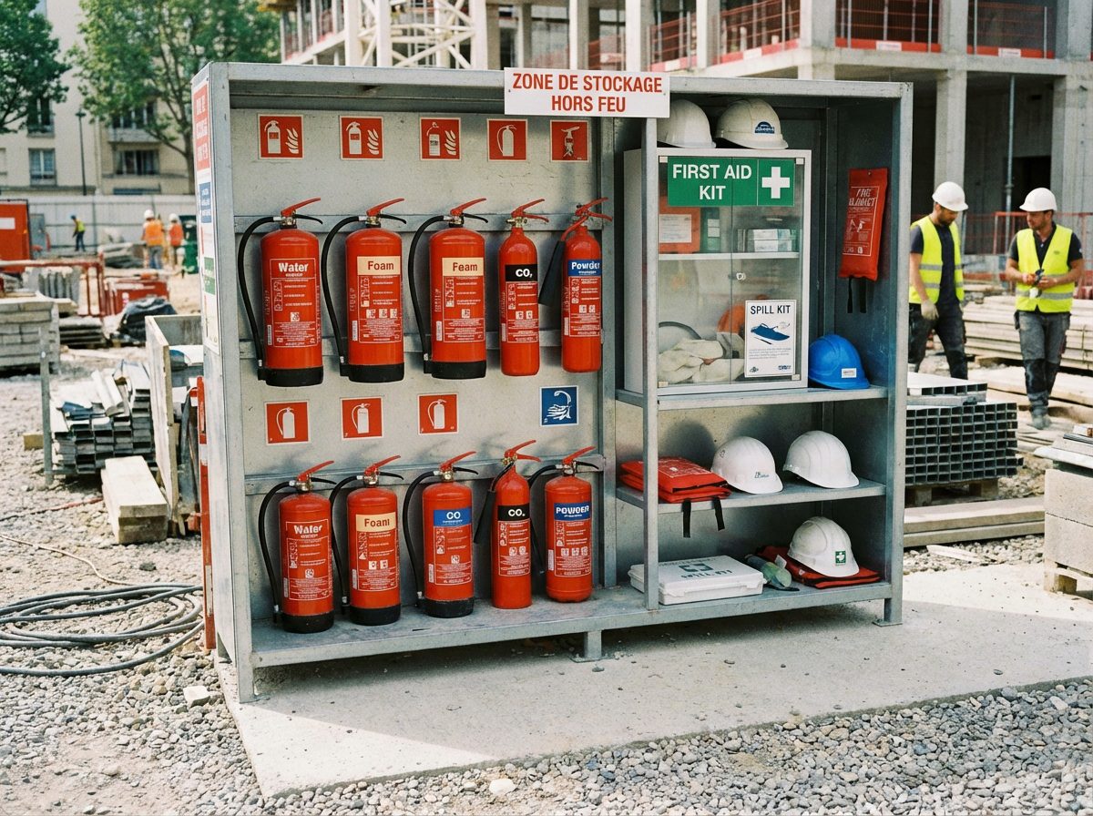 Zone de stockage des equipements de securite incendie sur chantier BTP