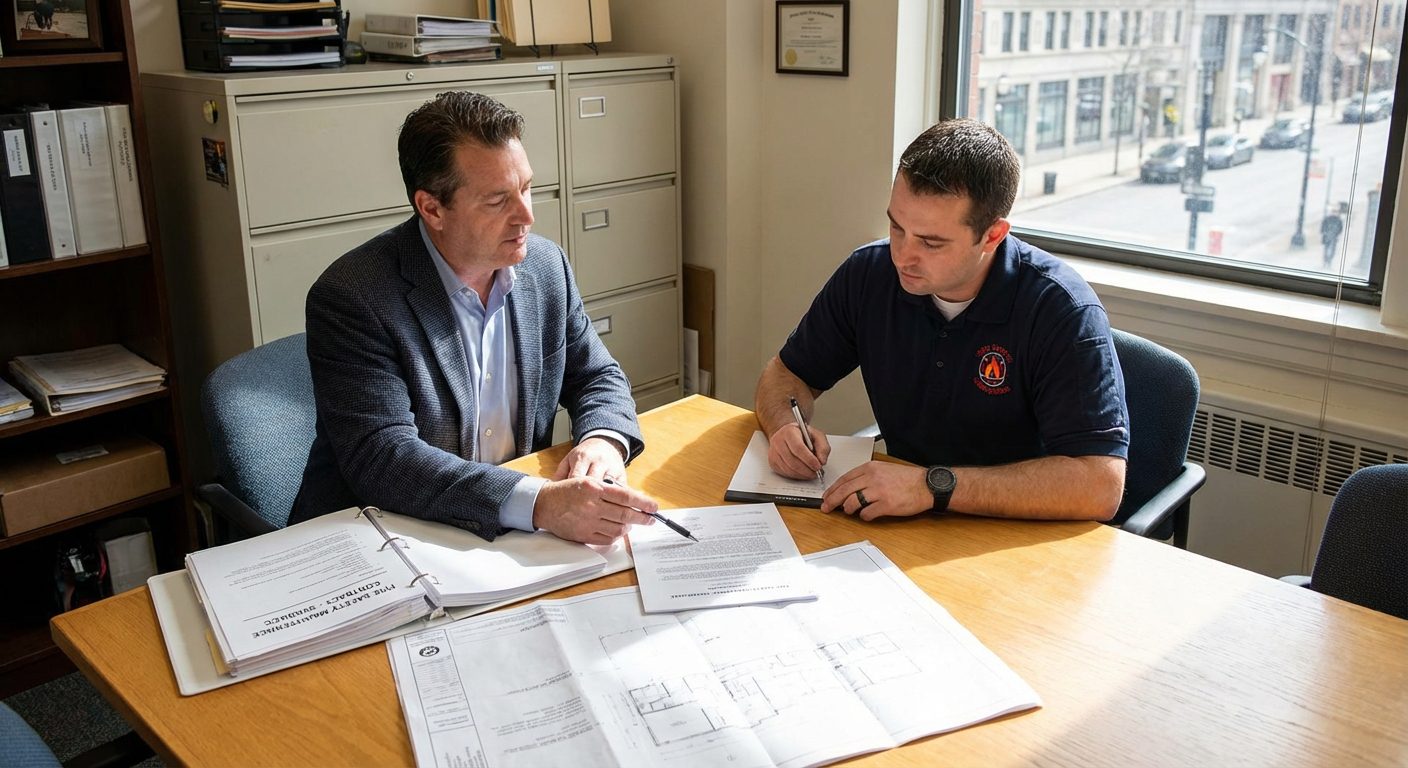 Syndic de copropriété signant un contrat de maintenance extincteurs