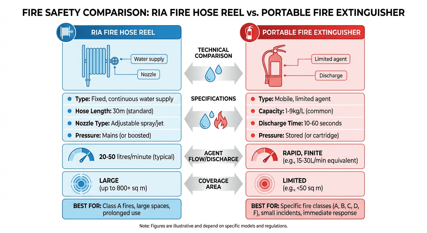 Comparatif RIA vs extincteur : débit, autonomie, portée et usage