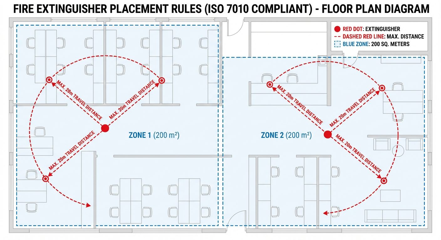 Plan technique montrant les règles de placement des extincteurs par zone de 200 m²