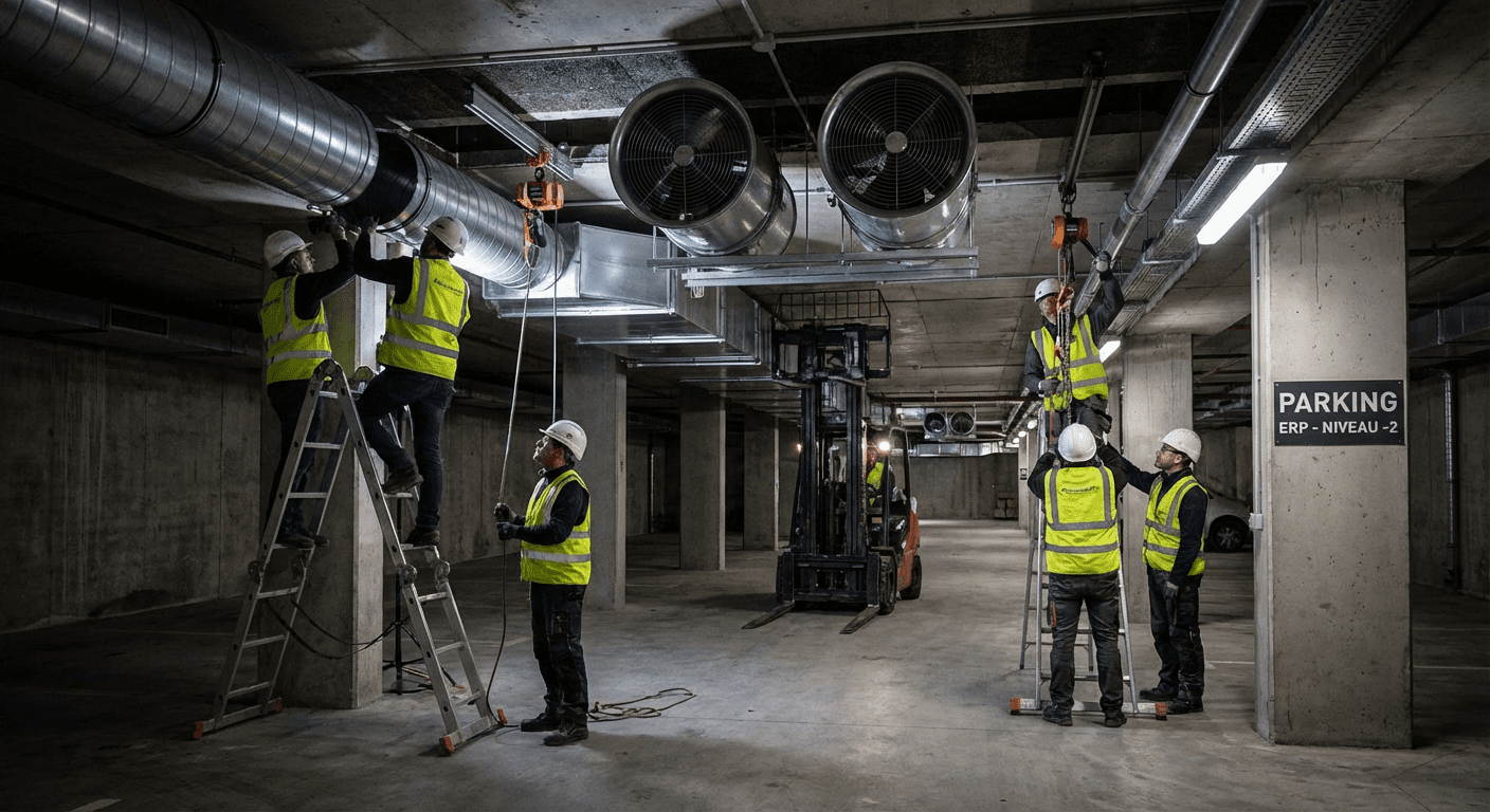 Équipe technique installant un système de désenfumage mécanique dans un parking souterrain d’ERP