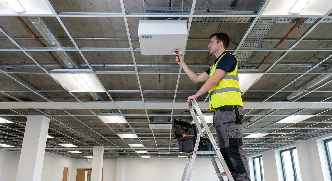 Technicien testant un bloc autonome éclairage de sécurité avec le bouton test