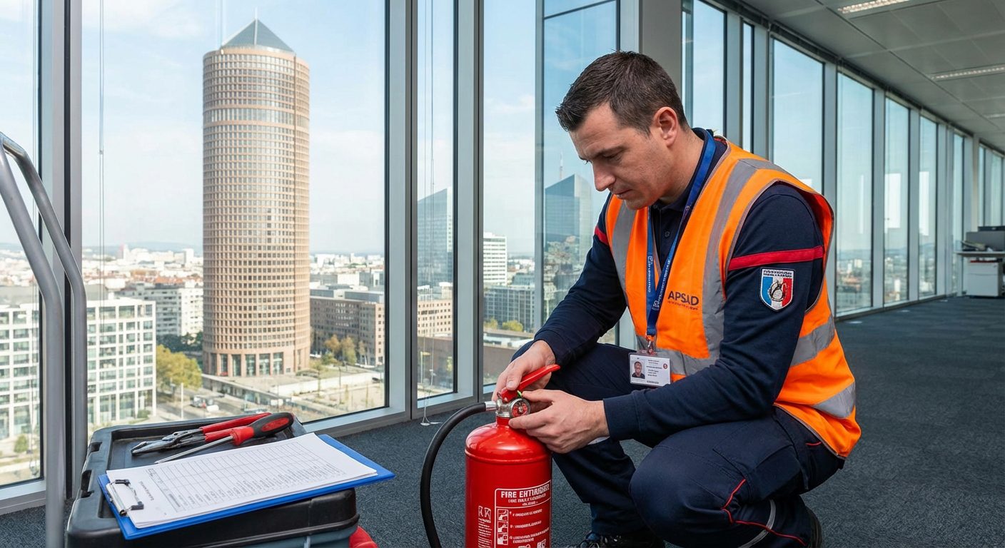 Technicien certifie APSAD controlant un extincteur a Lyon Part-Dieu