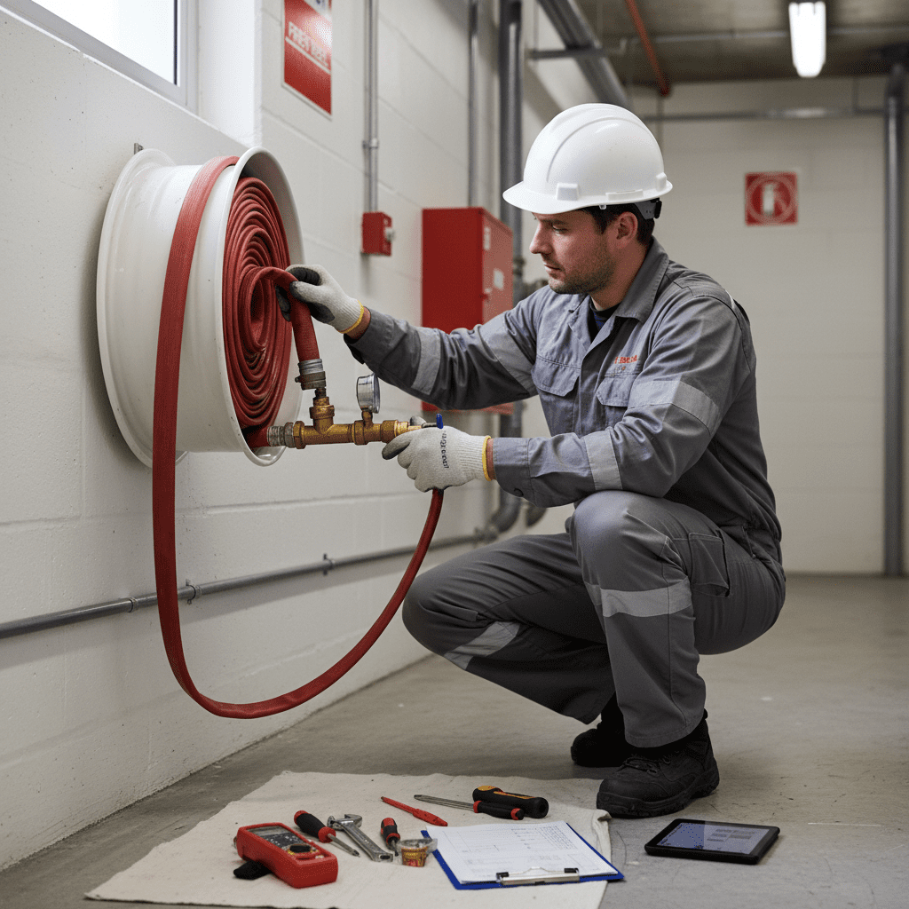 Technicien effectuant la maintenance annuelle d'un RIA incendie