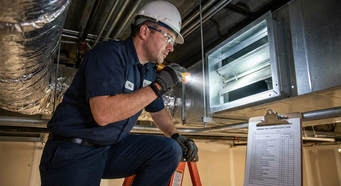 Technicien inspectant un clapet coupe-feu lors de la maintenance annuelle
