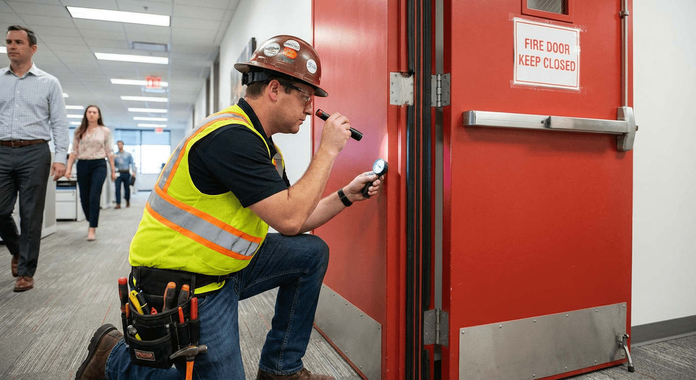 Technicien inspectant les joints et charnières d’une porte coupe-feu