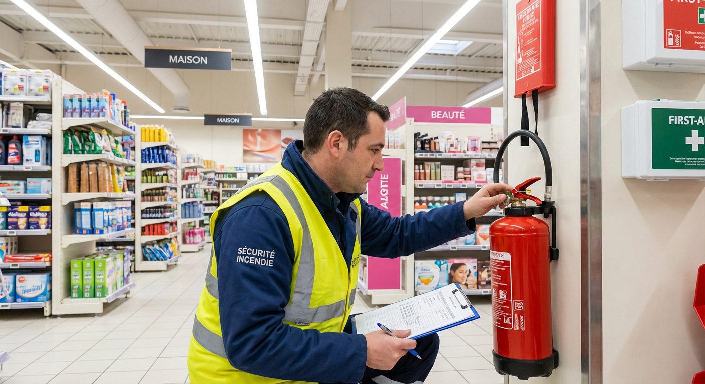 Technicien vérifiant un extincteur dans un commerce à Villeurbanne