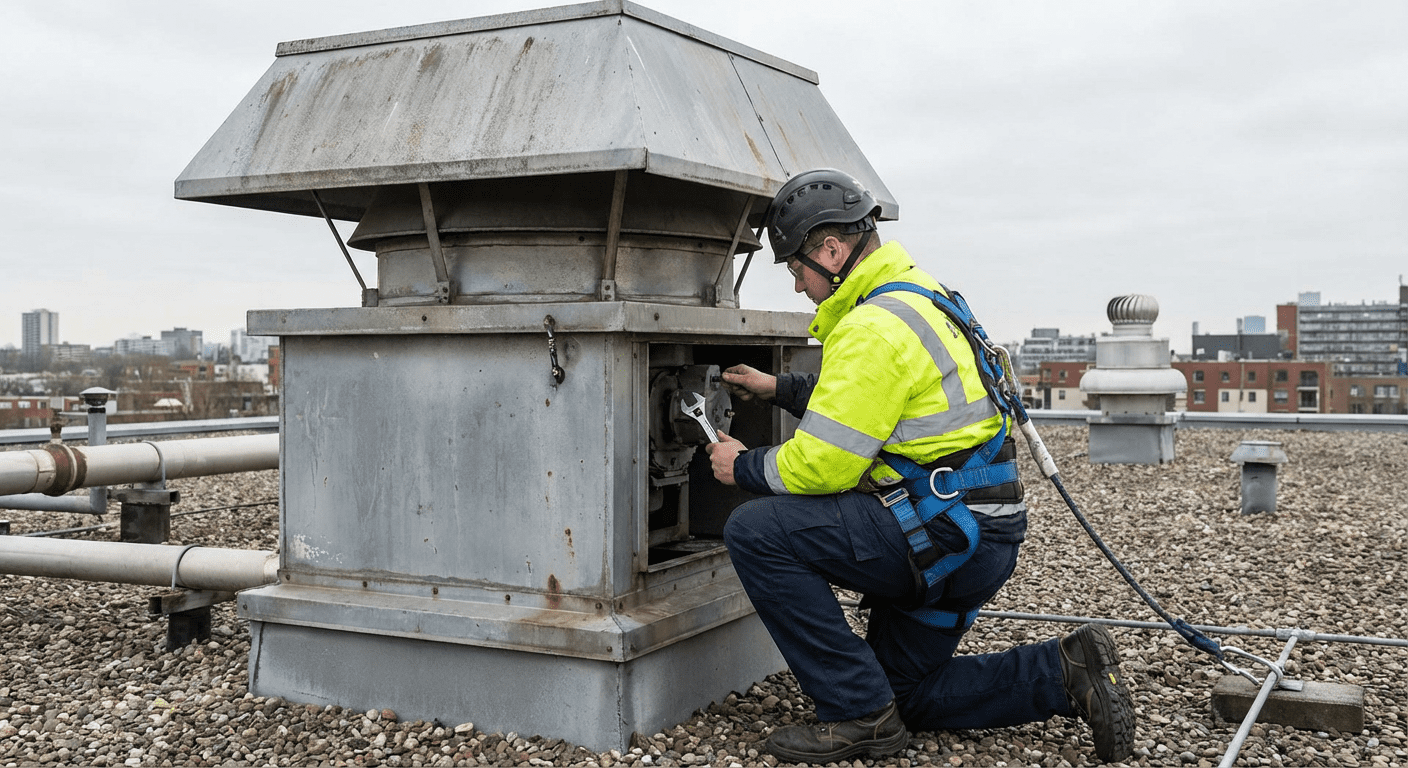 Technicien en harnais effectuant la maintenance annuelle d’un exutoire de fumées