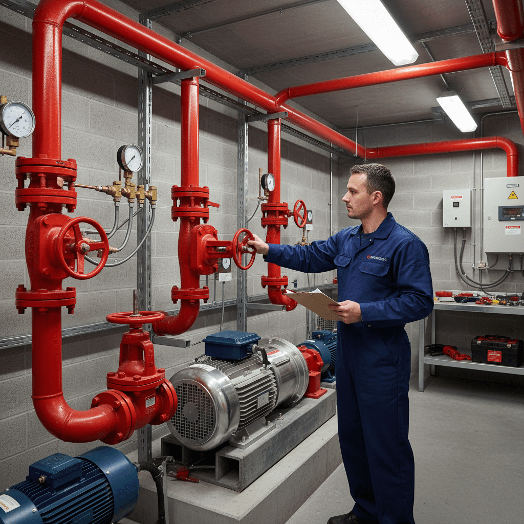 Technicien effectuant la maintenance d une station de pompage incendie