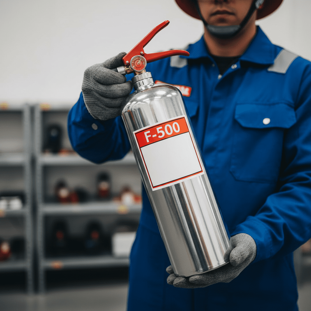 Technicien présentant un extincteur F-500 pour feux de batteries lithium