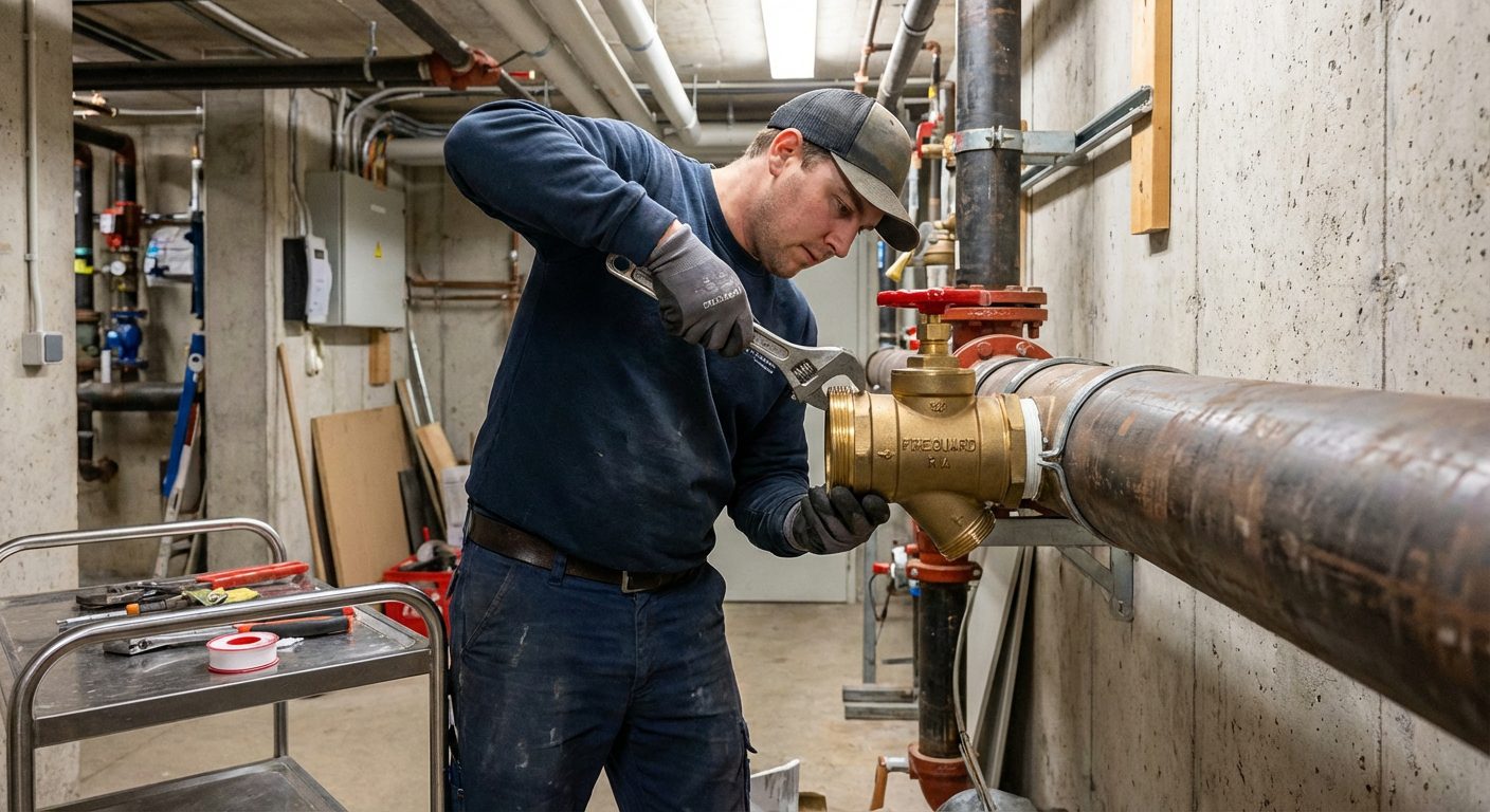 Technicien raccordant un RIA au réseau d’alimentation en eau dans un local technique