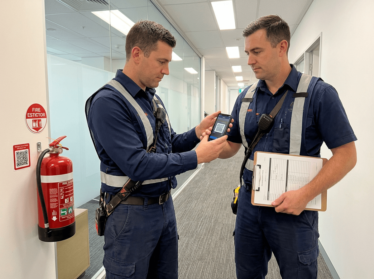 Technicien sécurité incendie scannant un QR code sur extincteur lors d'une vérification