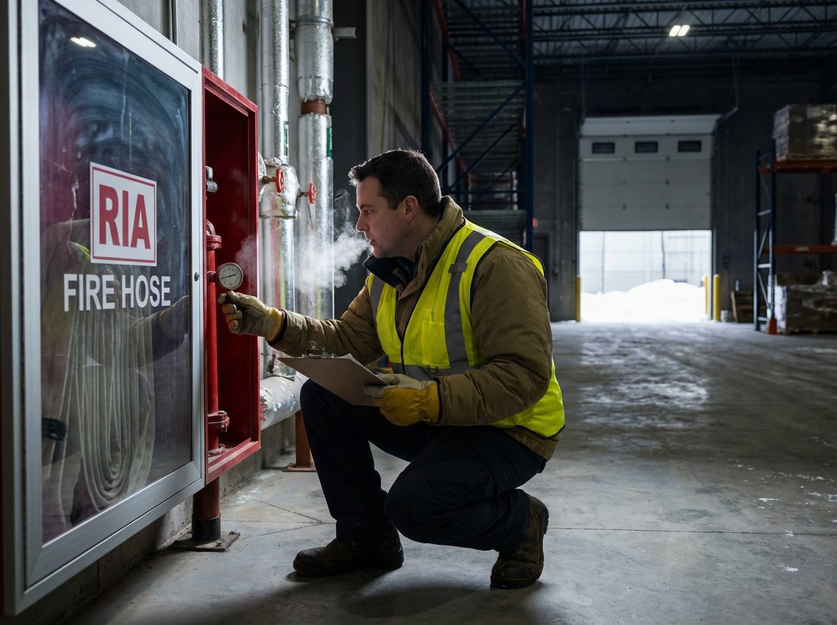 Technicien securite incendie controlant le manometre d un RIA pendant une inspection hivernale
