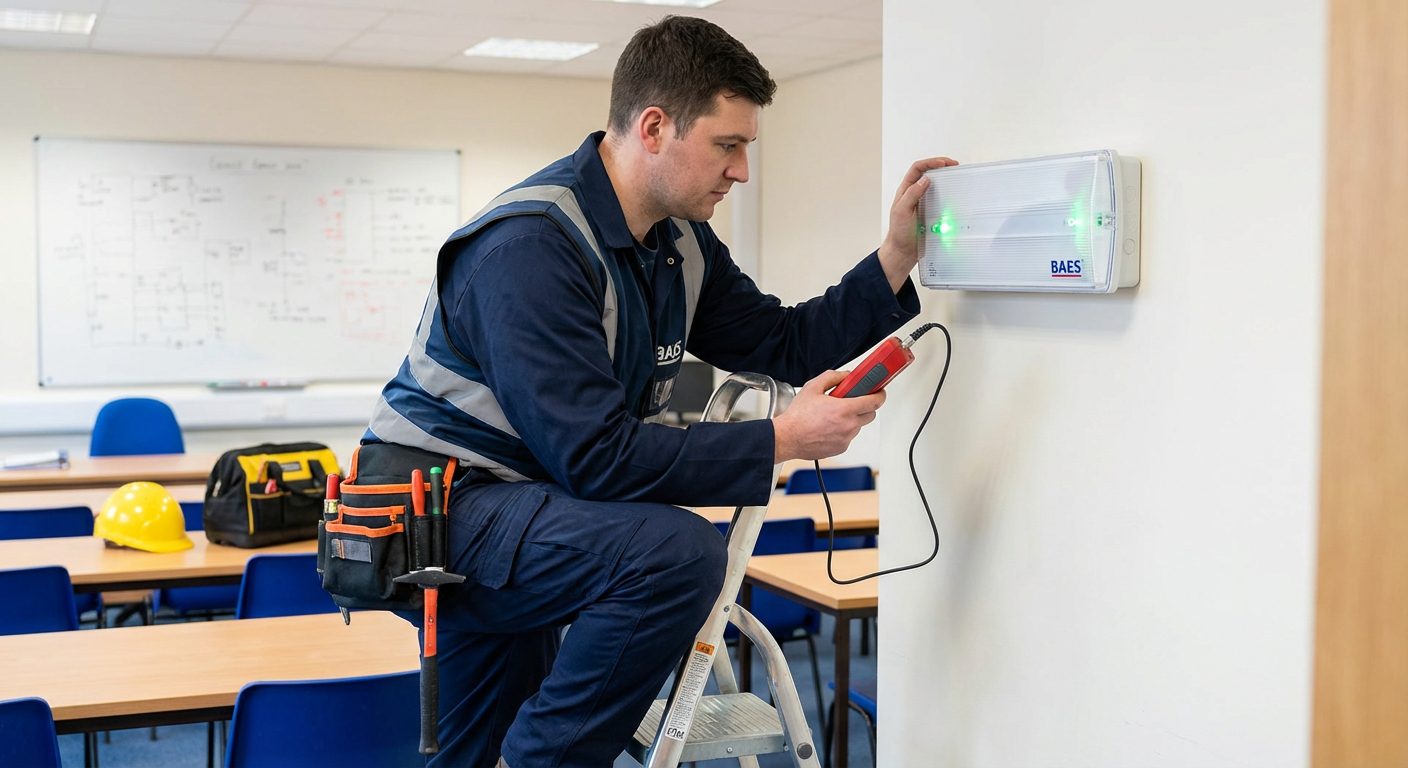 Technicien Hexia testant un bloc BAES dans une salle de classe