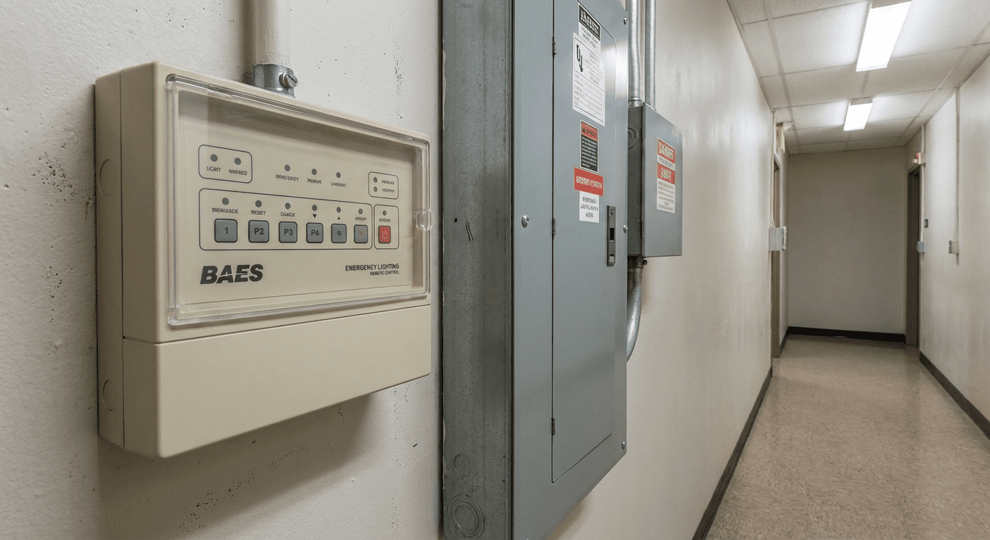 Télécommande BAES murale installée à côté d'un tableau électrique dans un couloir de bâtiment
