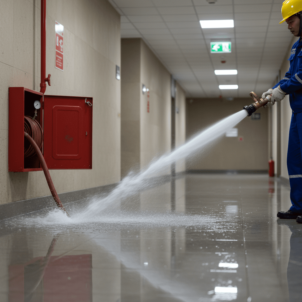 Test de débit d'eau depuis la lance d'un RIA incendie