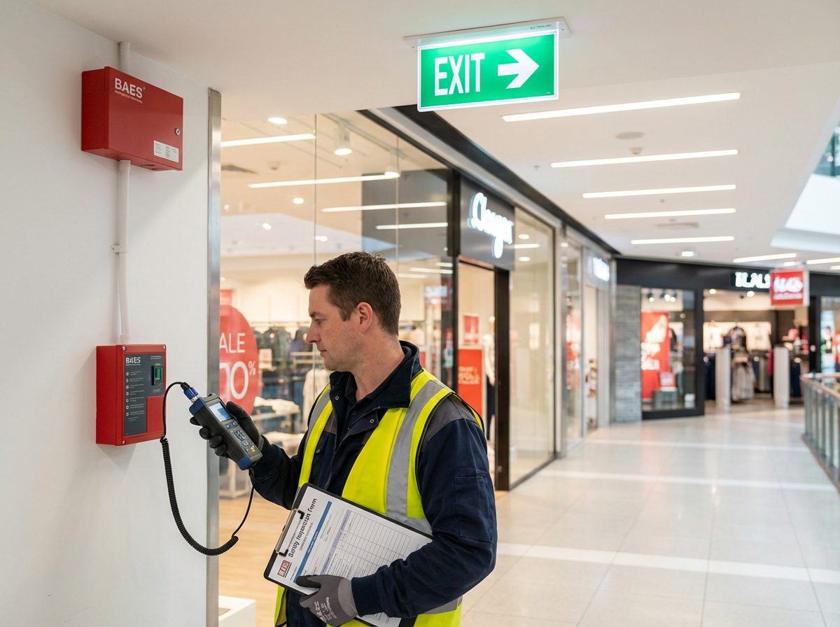 Test éclairage de sécurité BAES dans un centre commercial