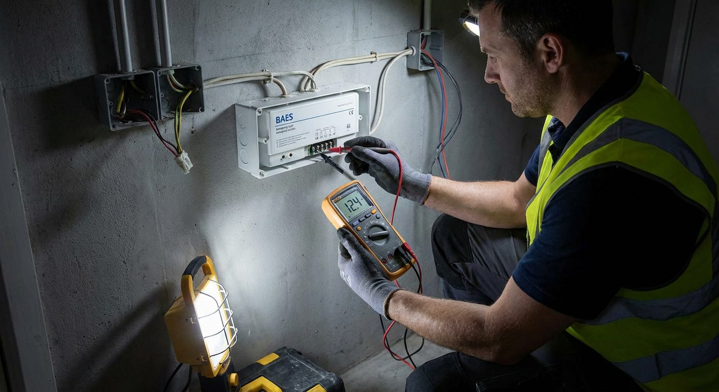 Technicien testant un circuit BAES avec un multimètre