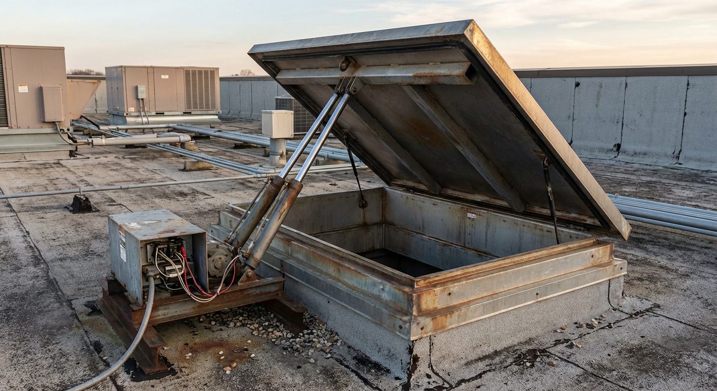 Trappe de désenfumage sur toiture de bâtiment ERP