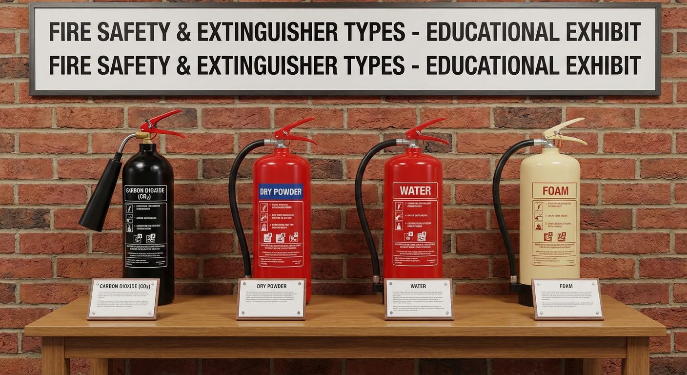 Différents types d’extincteurs alignés : CO2 poudre eau mousse avec étiquettes