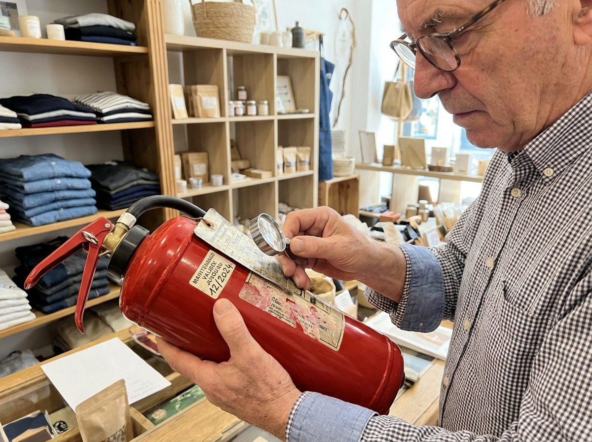 Extincteur en commerce : obligations, types et réglementation ERP 4 Commerçant vérifiant la date de validité d'un extincteur dans sa boutique
