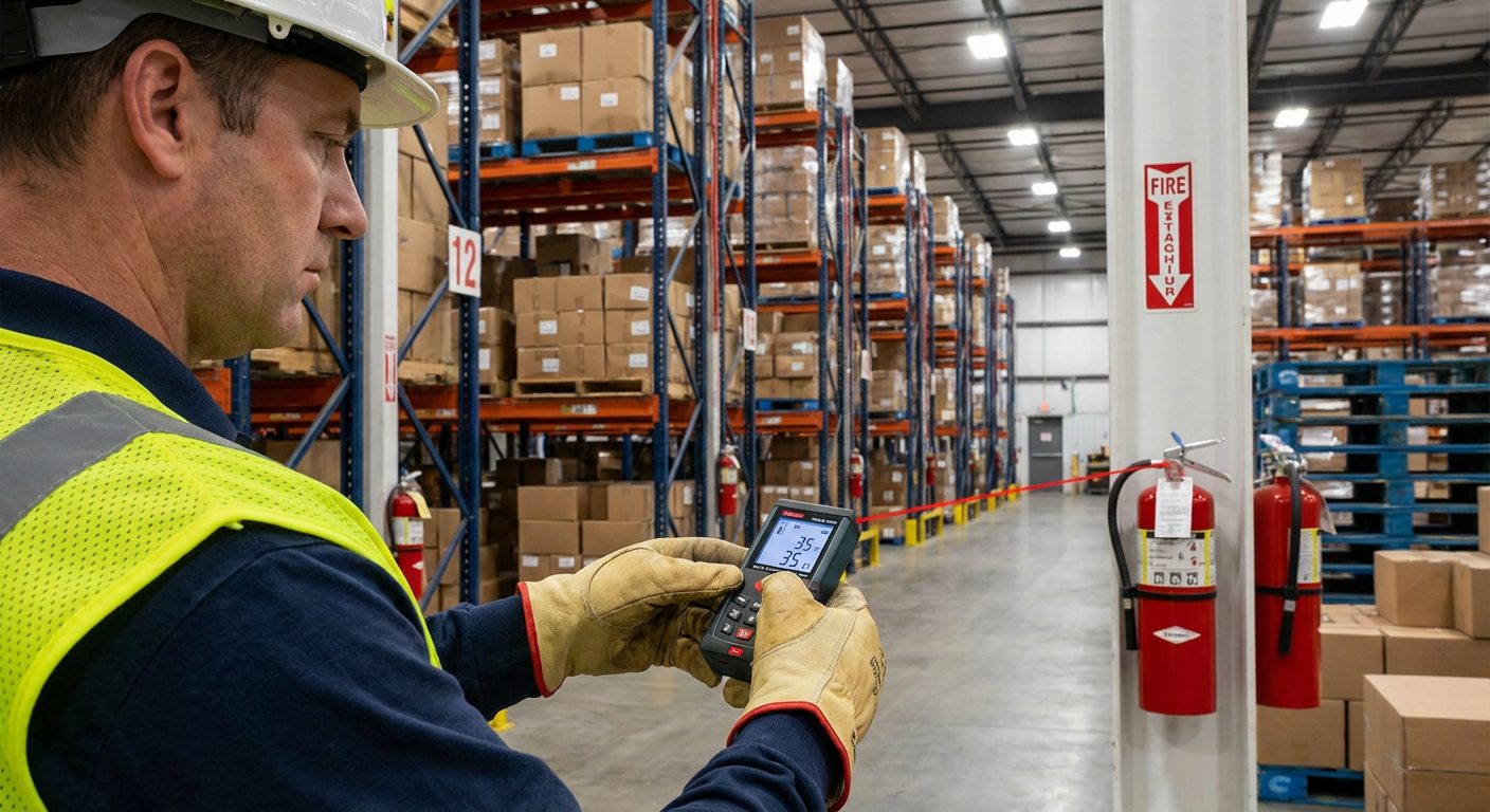 Vérification des distances entre extincteurs dans un entrepôt