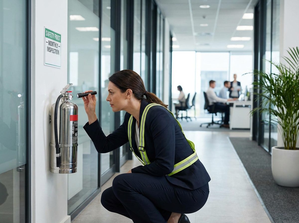 Employee verifiant la pression d un extincteur mural dans un bureau a Lyon