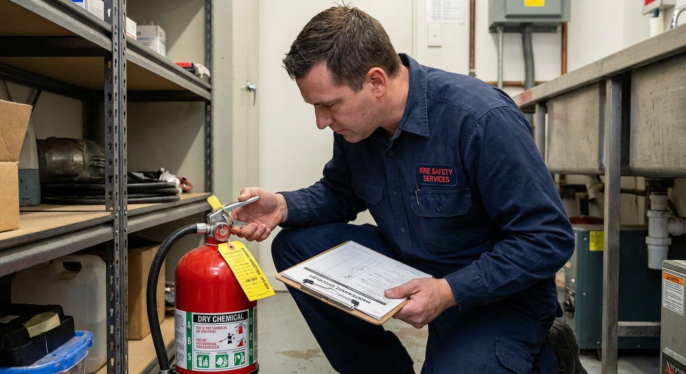 Vérification du manomètre d'un extincteur ABC lors de la maintenance annuelle