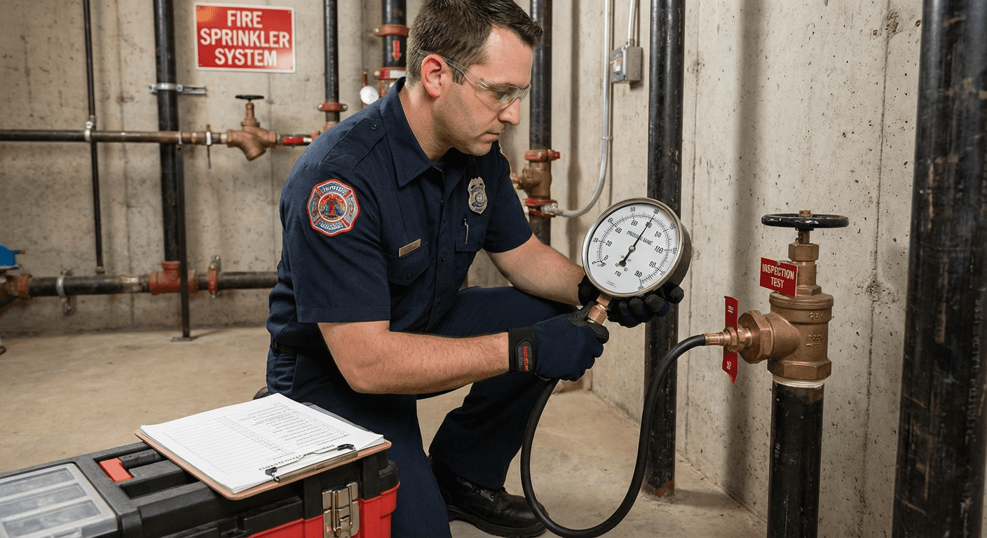 Vérification de la pression d’un robinet d’incendie armé avec manomètre lors du contrôle annuel