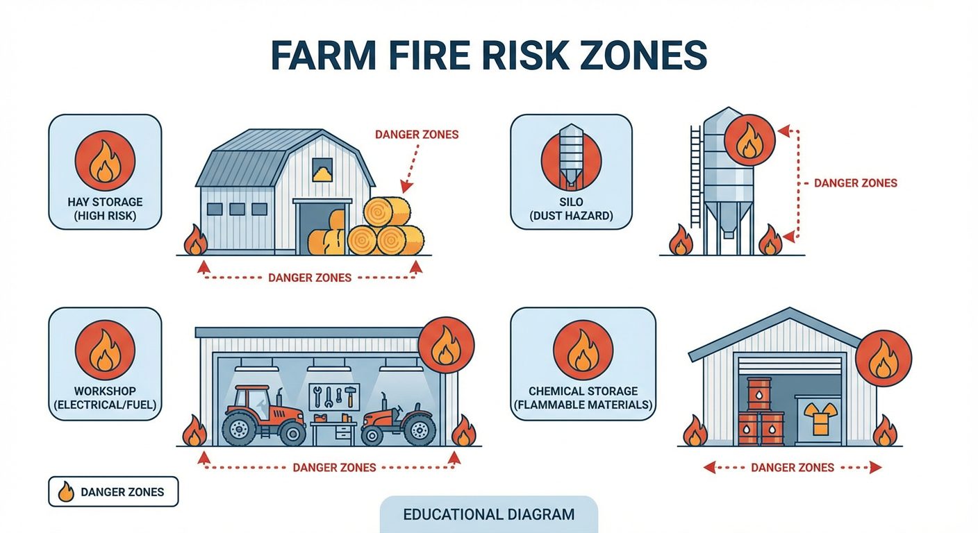 Infographie des zones à risque incendie dans une exploitation agricole : grange, silo, atelier, stockage chimique