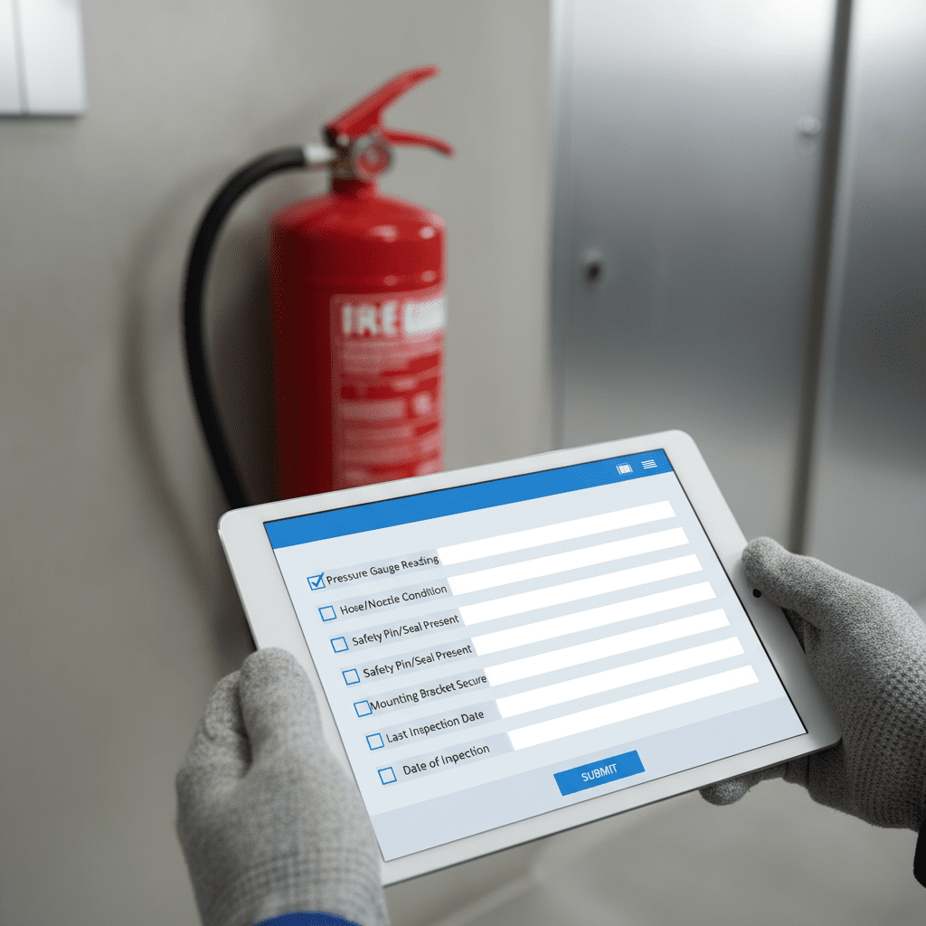 Checklist de vérification extincteur sur tablette numérique