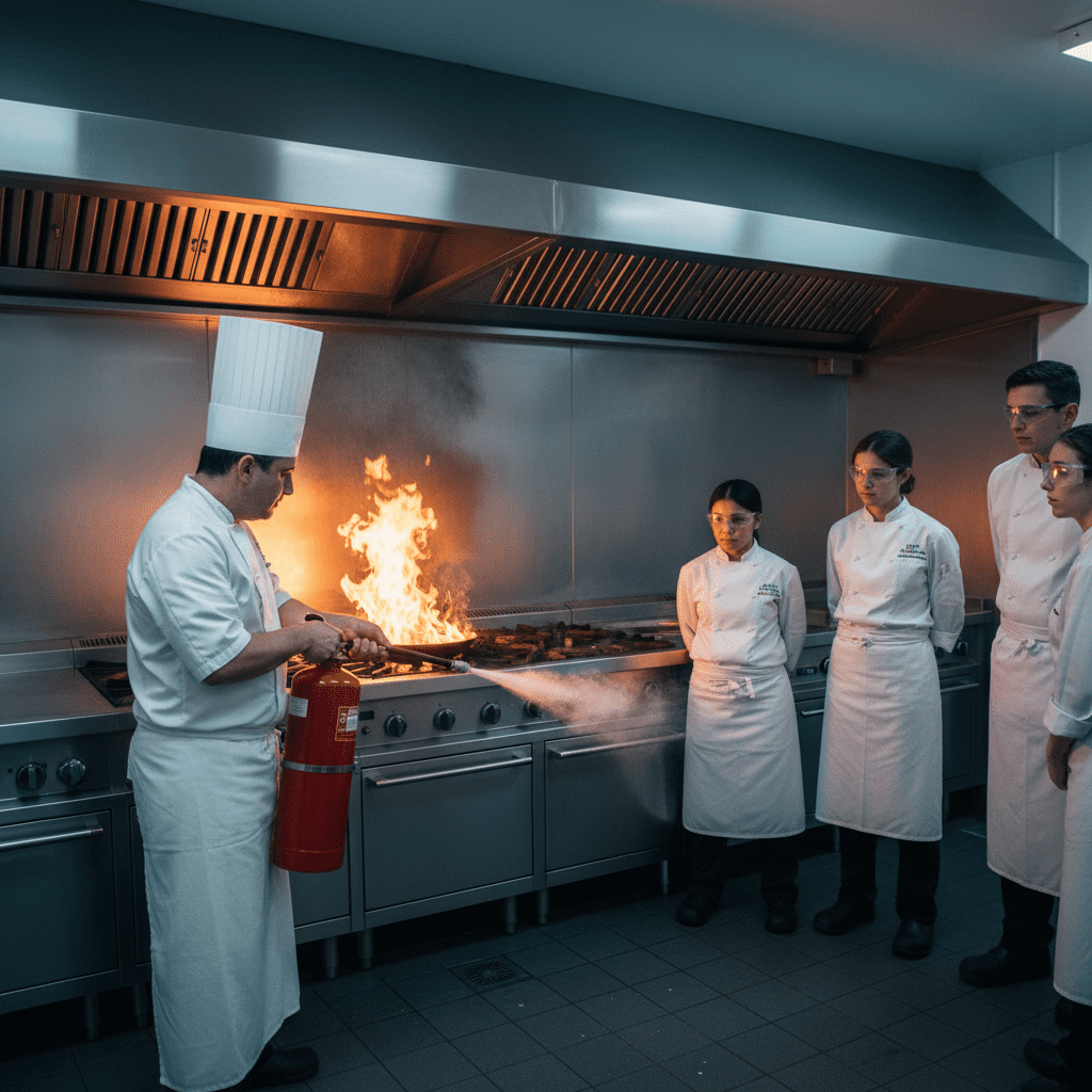 Chef s’entraînant avec un extincteur classe F sur un feu de graisses en cuisine