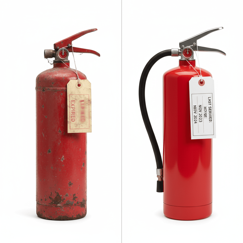 Comparaison extincteur non vérifié et extincteur après maintenance