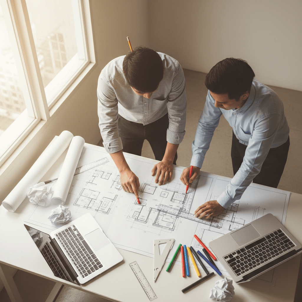 Consultant et architecte révisant un plan d’évacuation sur bureau