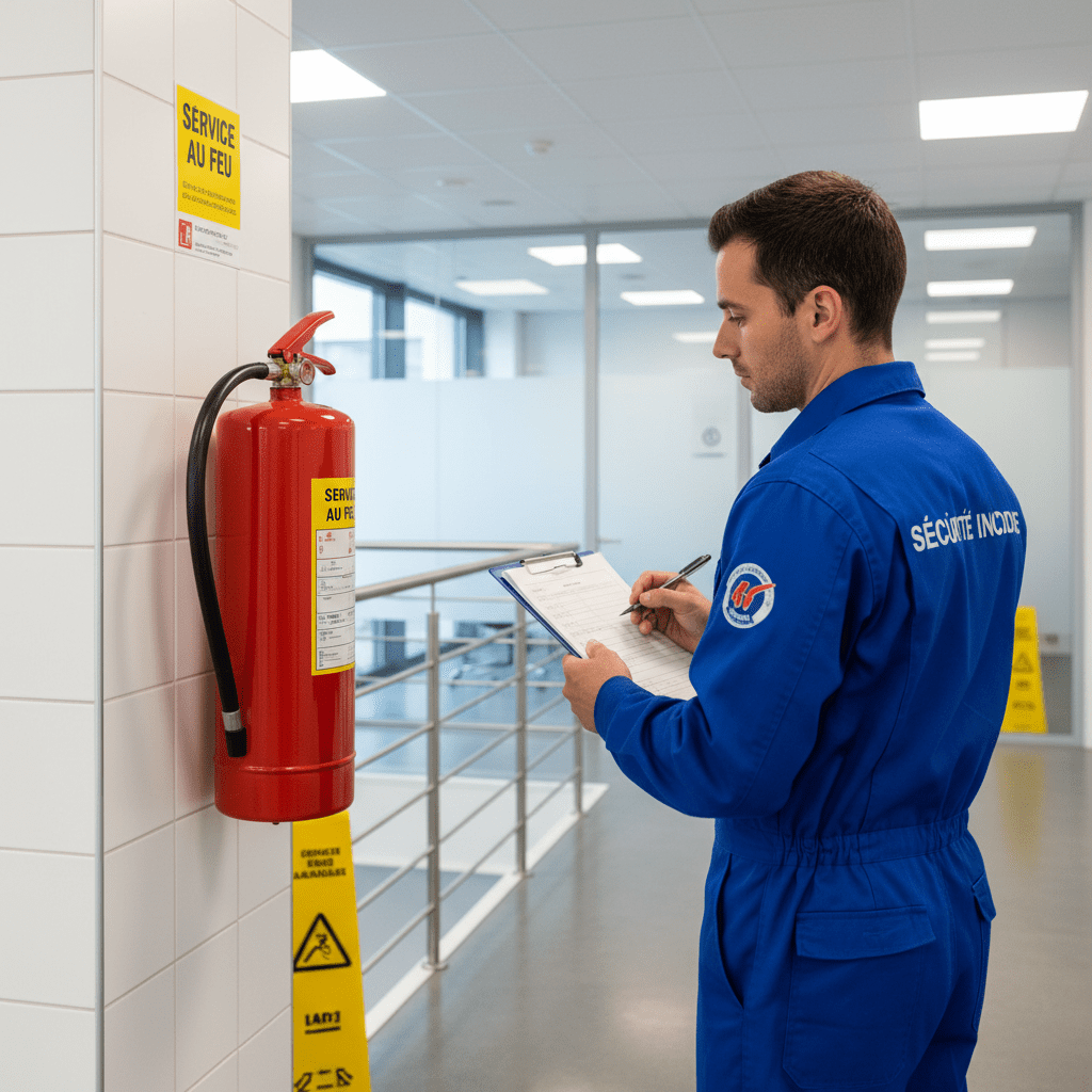 Technicien vérifiant un extincteur certifié