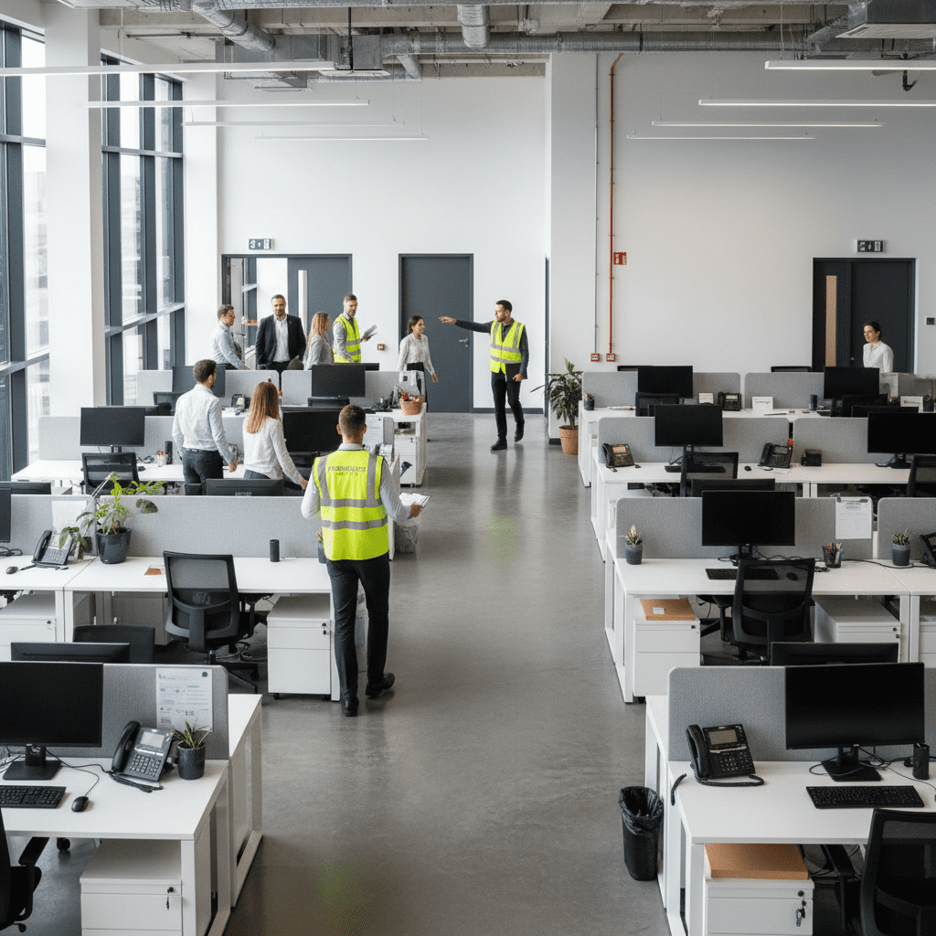 Exercice d'évacuation avec guide-file et serre-file en gilets jaunes