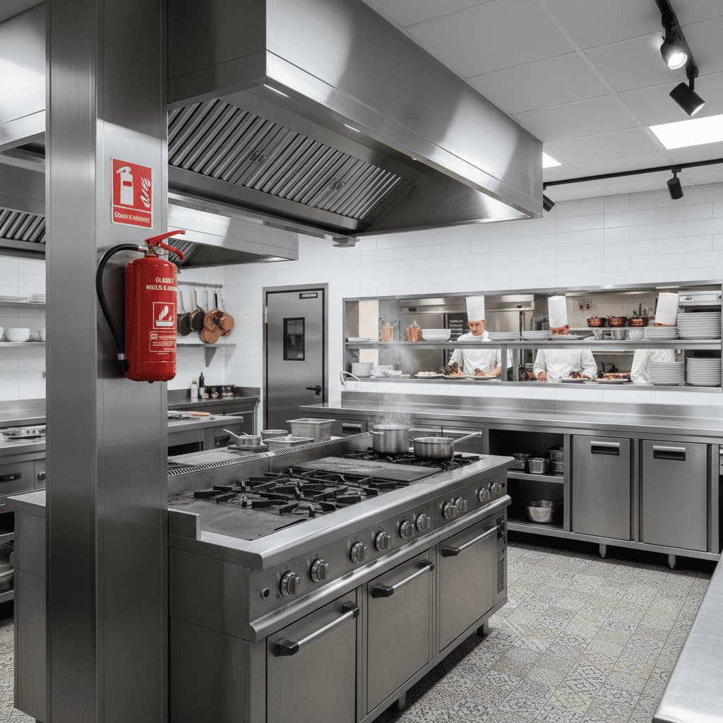 Cuisine de restaurant avec extincteur classe F