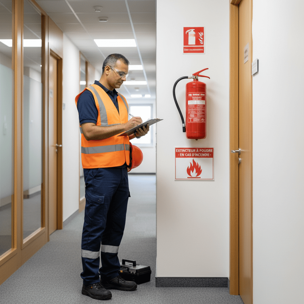Technicien de securite incendie inspectant un extincteur