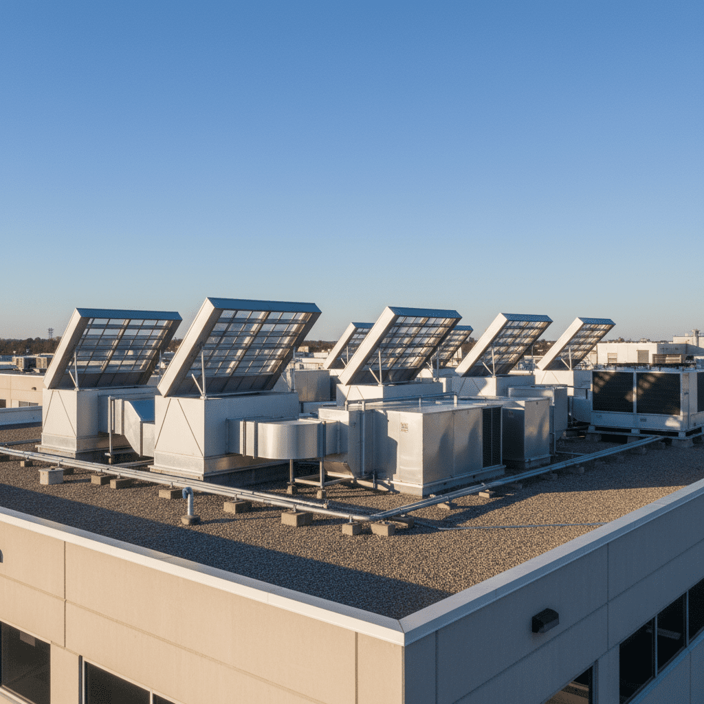 Exutoires de désenfumage naturel ouverts sur le toit d'un bâtiment commercial