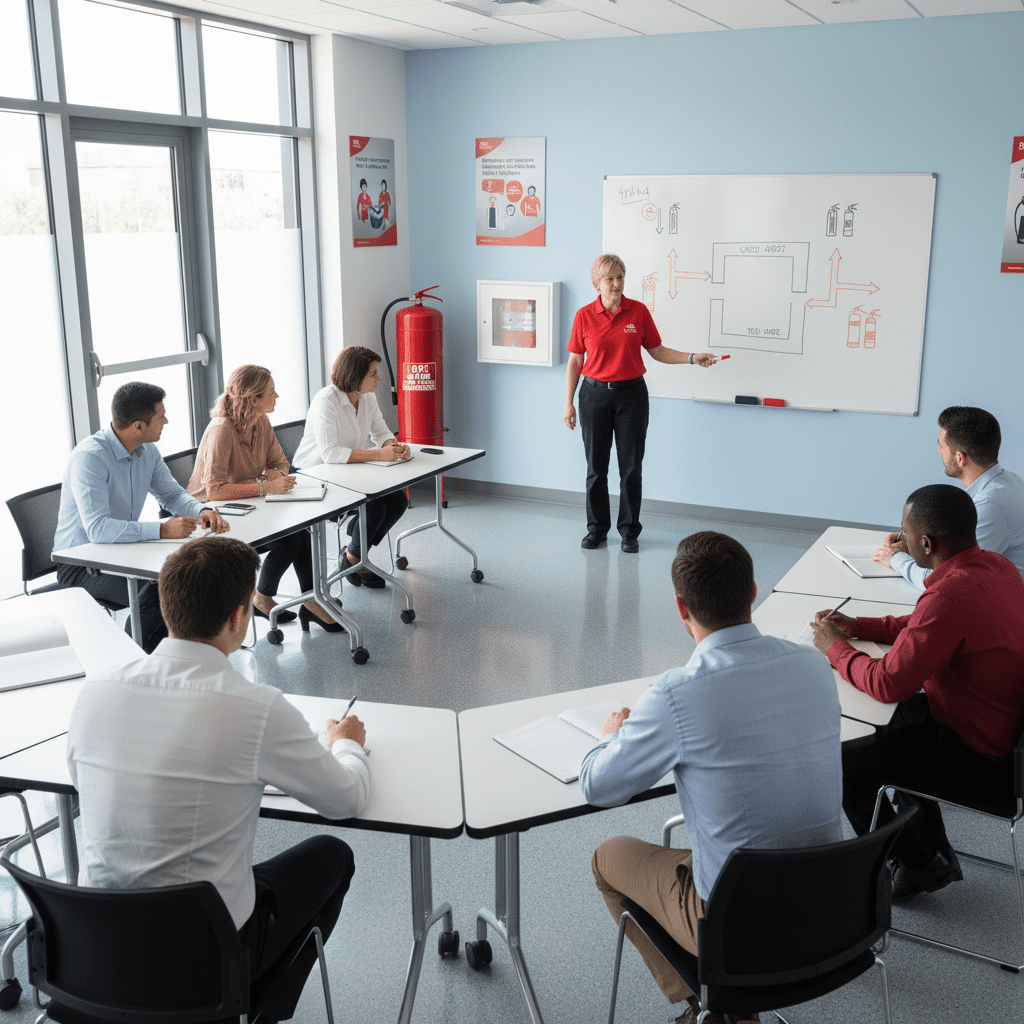 Formation sécurité incendie en salle avec instructeur et plan d’évacuation