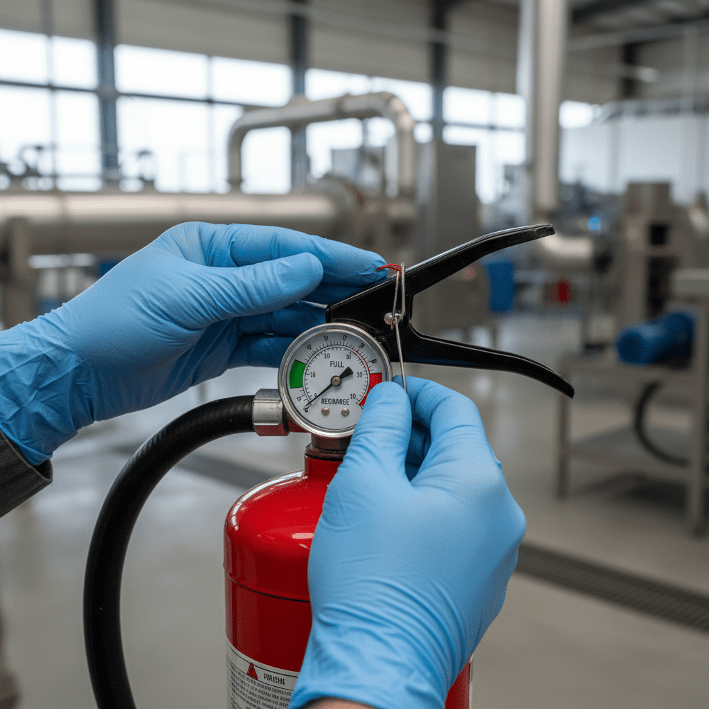 Manomètre d'extincteur vérifié par un technicien