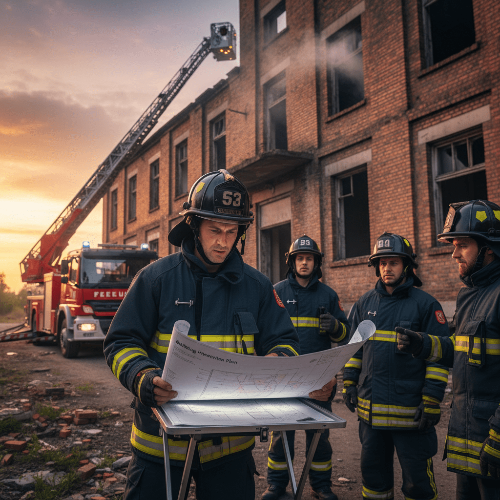 Officier pompier consultant le plan d’intervention avant une intervention